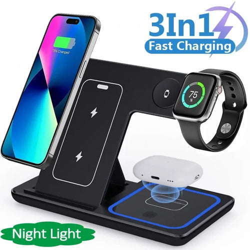 3 In 1 LED Fast Wireless Charger Stand Foldable Charging Station.